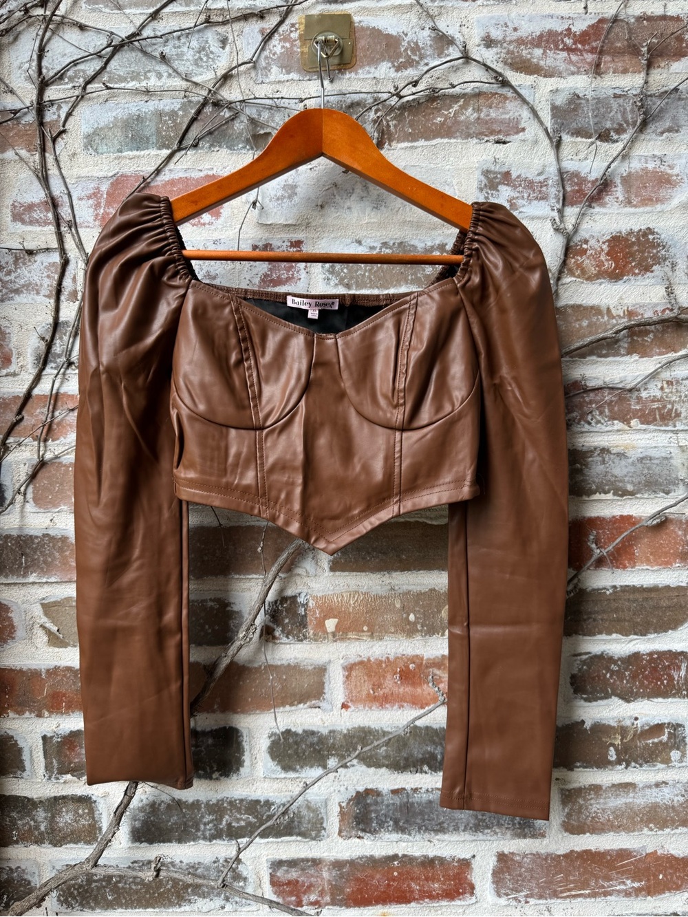 Bailey Rose Faux Leather Long Sleeve Corset Top XS Brown